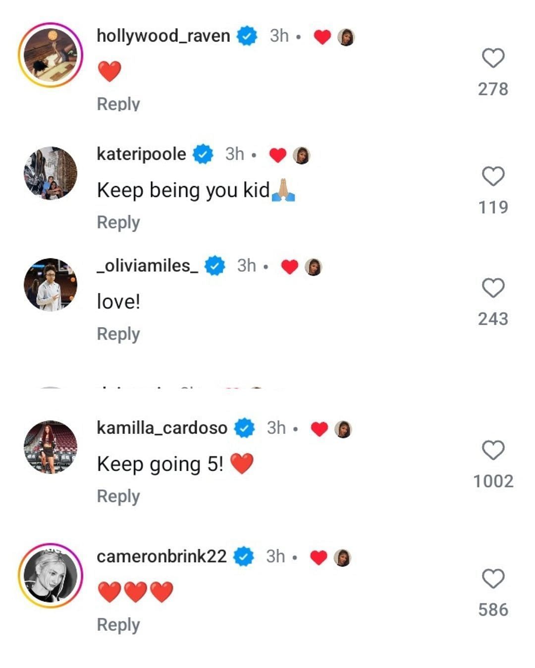 Raven Johnson, Kateri Poole, and Olivia Miles show support for Angel Reese as she shares a motivational post in response to critics. (Images via Instagram @angelreese5)